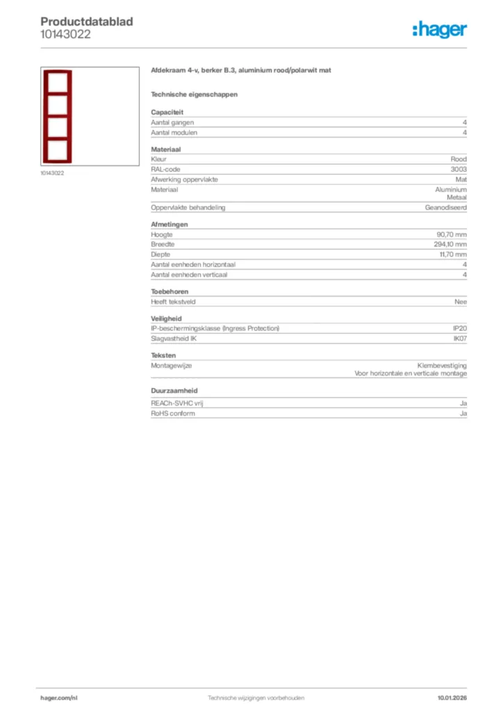 Afbeelding Hager Productdatablad 10143022 | Hager Nederland