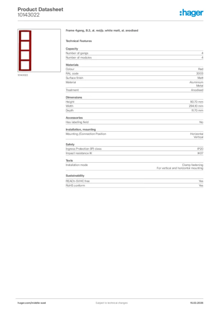 Image Hager Product data sheet 10143022  | Hager