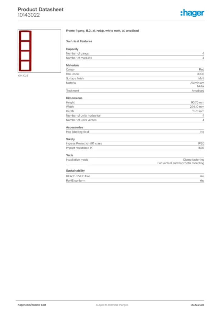 Image Hager Product data sheet 10143022  | Hager