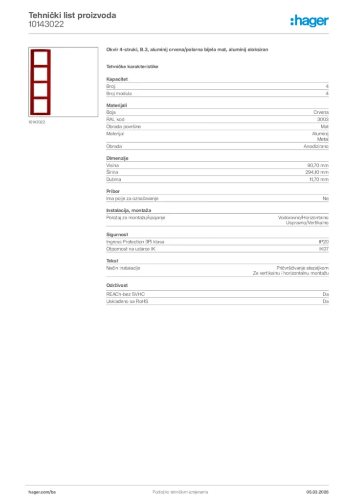 Slika Hager Tehnički list proizvoda 10143022  | Hager