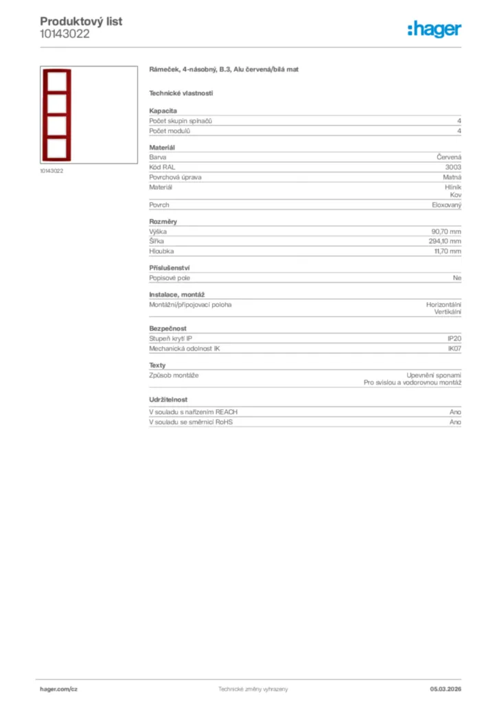 Obrázek Hager Product data sheet 10143022 | Hager