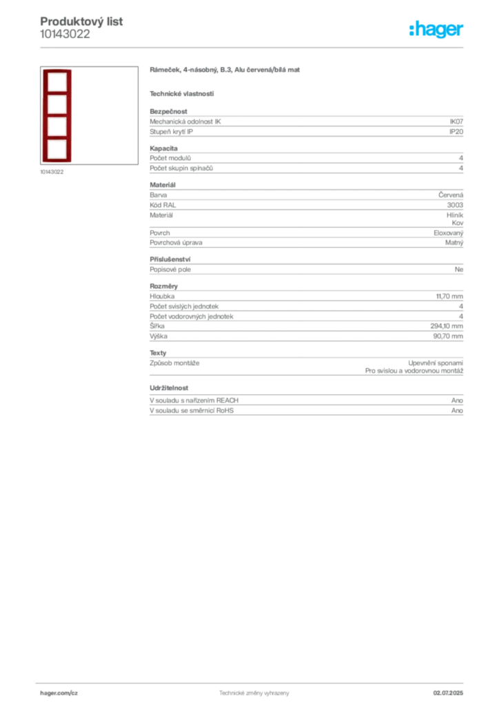 Obrázek Hager Produktový list 10143022 | Hager