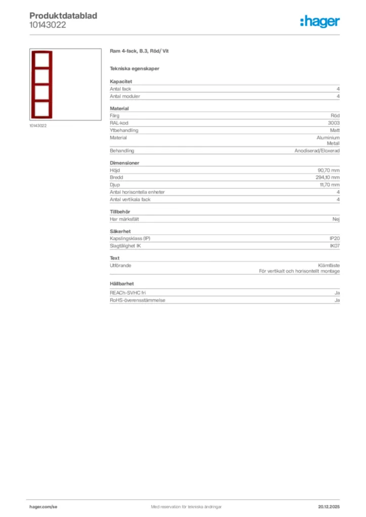 Bild Hager Produktdatablad 10143022 | Hager Sverige