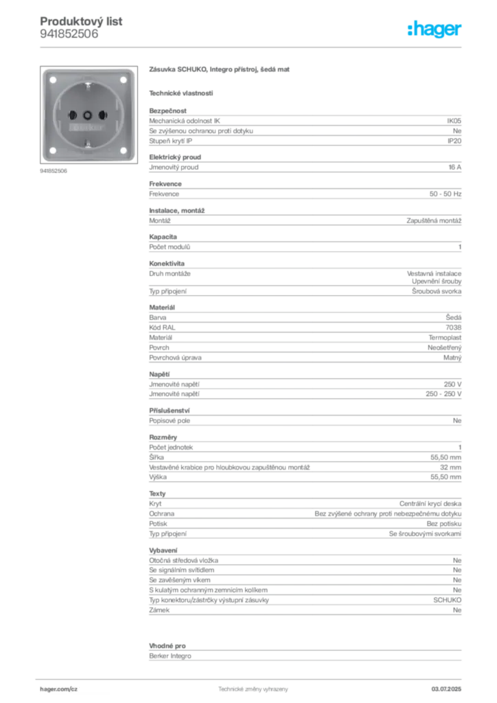 Obrázek Hager Produktový list 941852506 | Hager