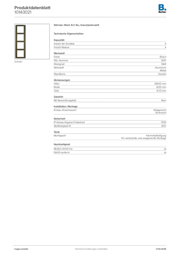 Bild Berker Produktdatenblatt 10143021 | Hager Deutschland