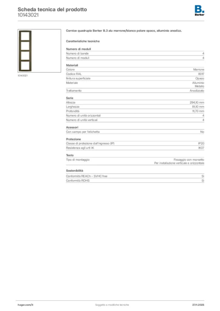 Immagine Berker Scheda tecnica del prodotto 10143021 | Hager Italia