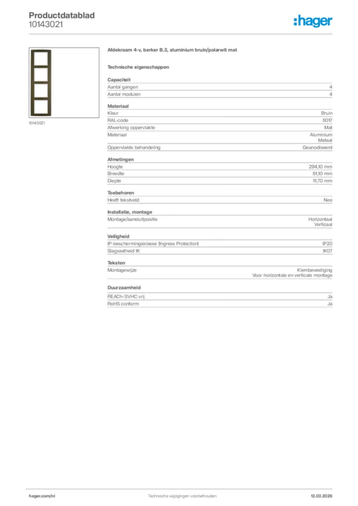 Afbeelding Hager Productdatablad 10143021 | Hager Nederland
