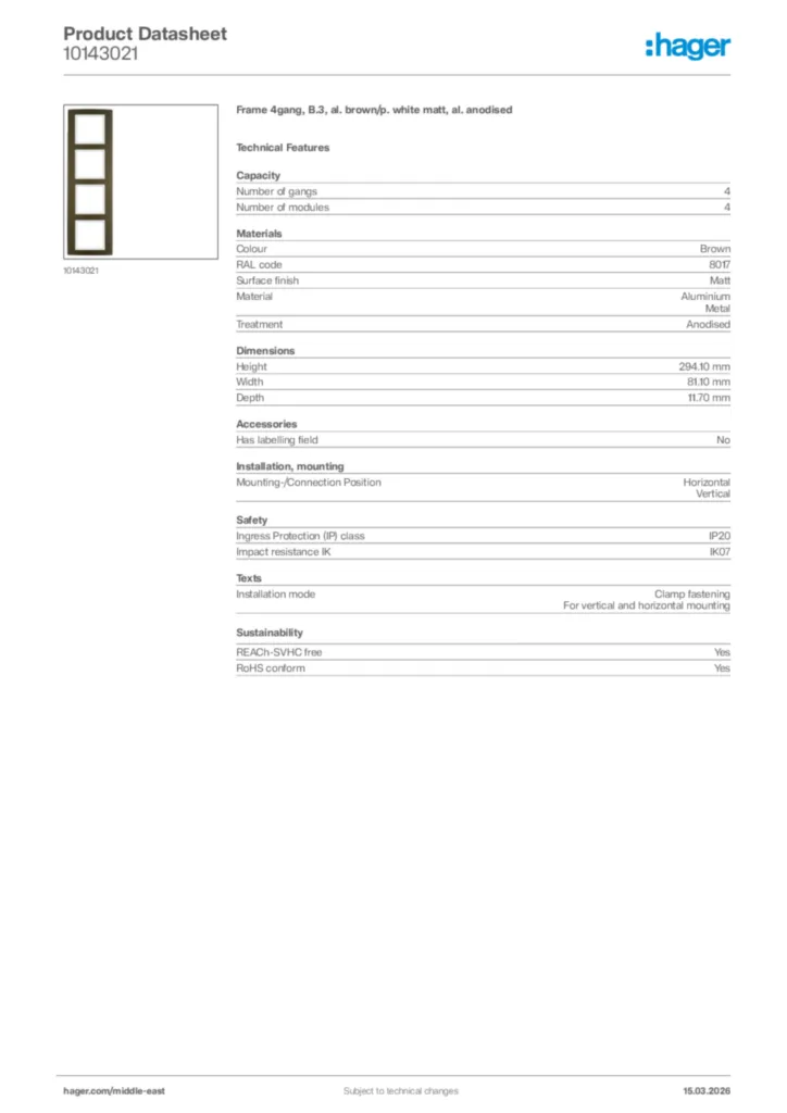 Image Hager Product data sheet 10143021  | Hager