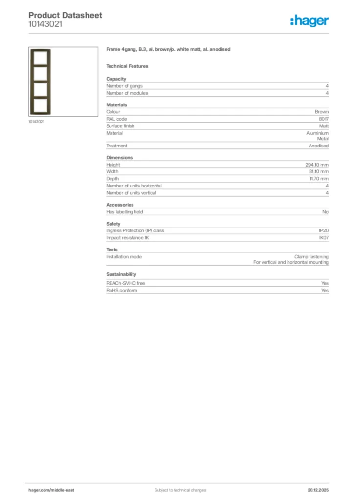 Image Hager Product data sheet 10143021  | Hager