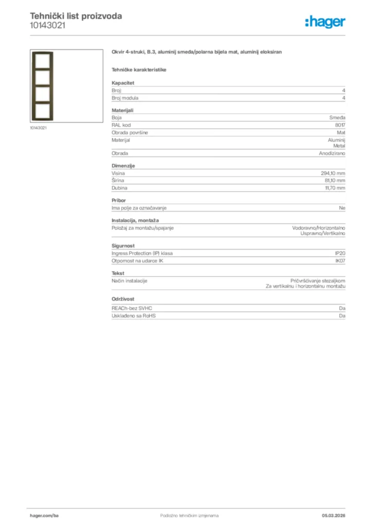 Slika Hager Tehnički list proizvoda 10143021  | Hager