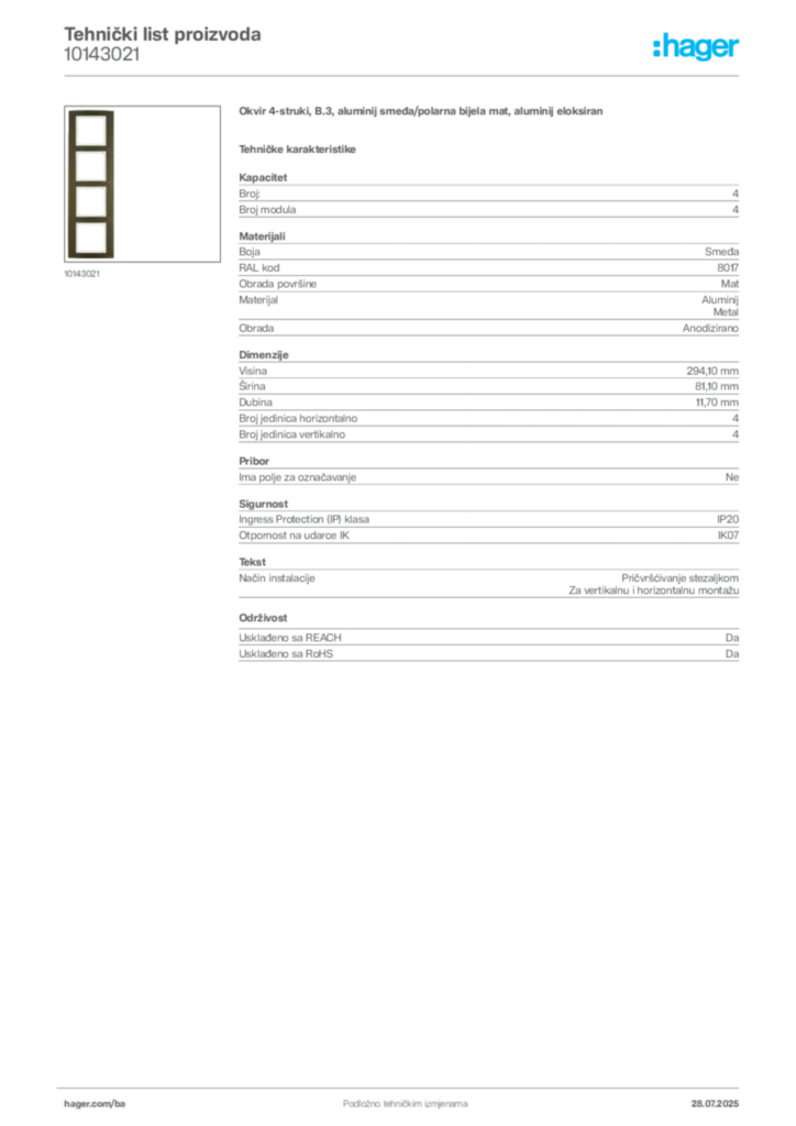 Slika Hager Product data sheet 10143021  | Hager