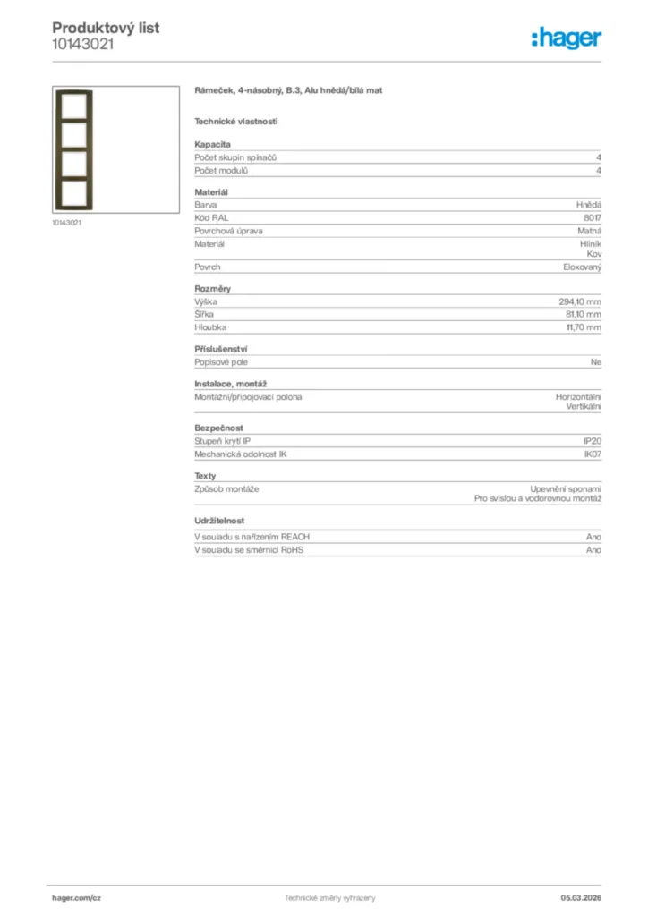 Obrázek Hager Product data sheet 10143021 | Hager