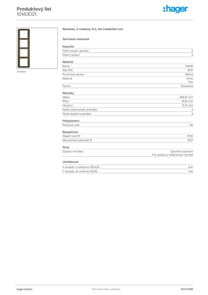 Obrázek Hager Produktový list 10143021 | Hager