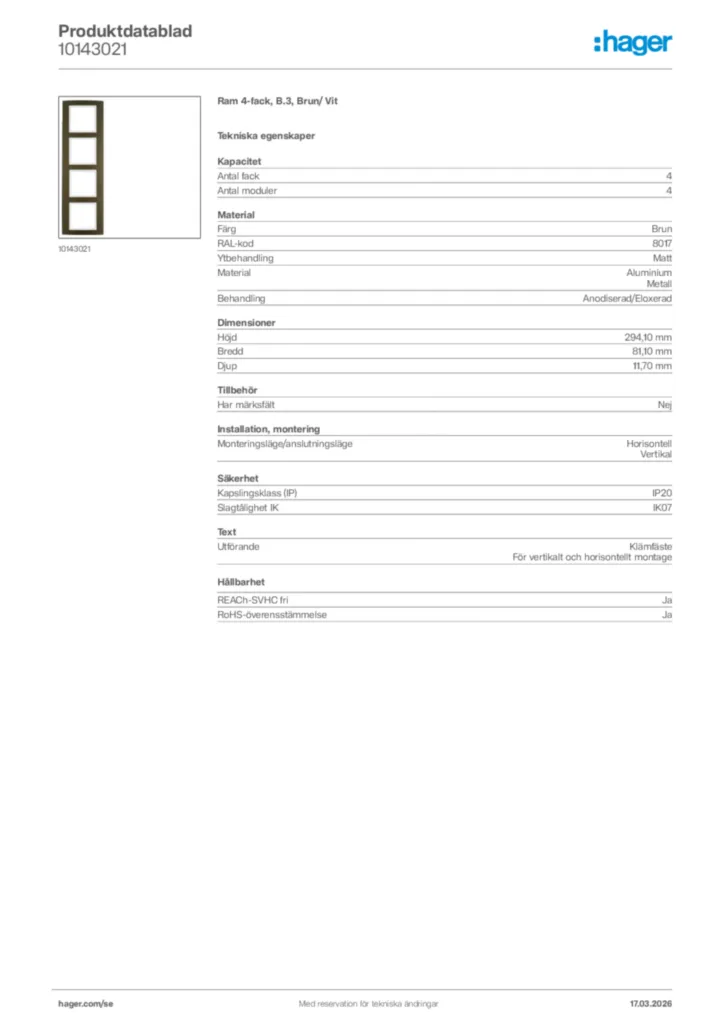 Bild Hager Produktdatablad 10143021 | Hager Sverige