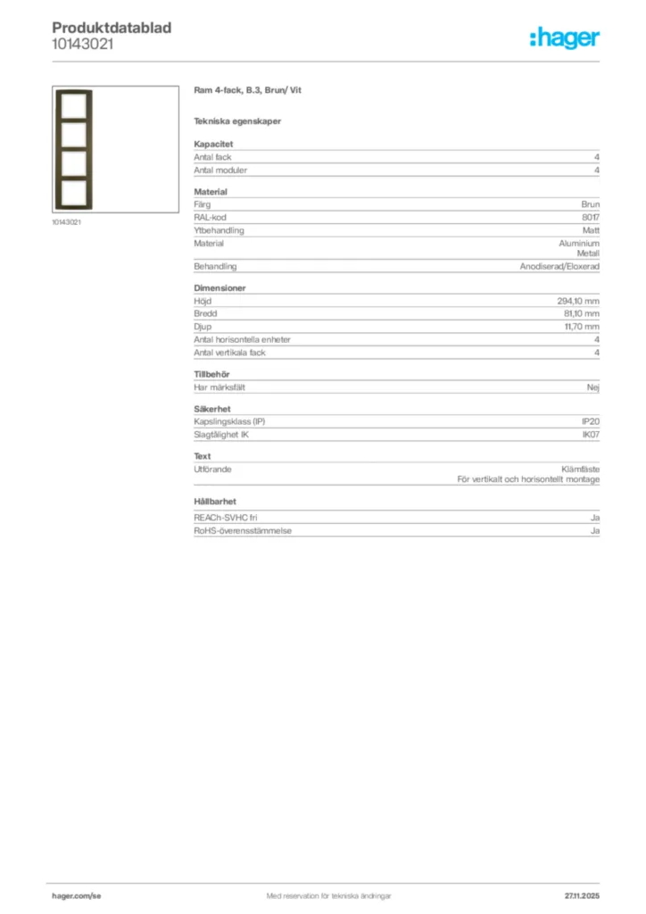 Bild Hager Produktdatablad 10143021 | Hager Sverige