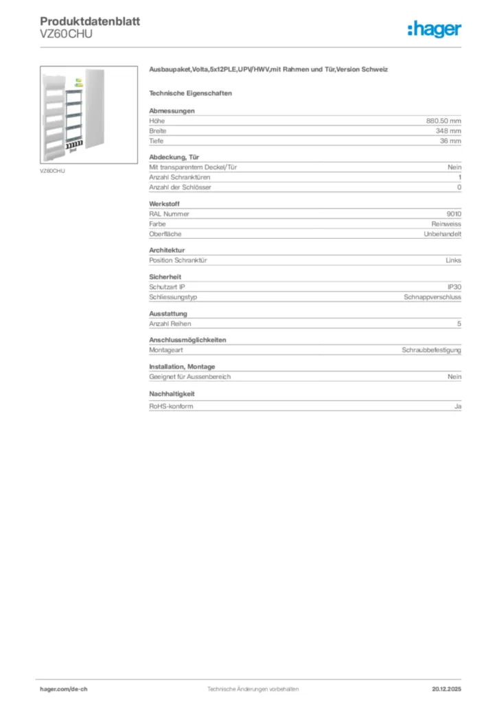 Bild Hager Produktdatenblatt VZ60CHU | Hager Schweiz