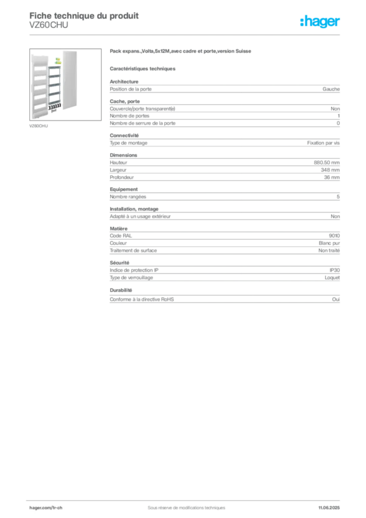 Image Hager Fiche technique du produit VZ60CHU | Hager Suisse