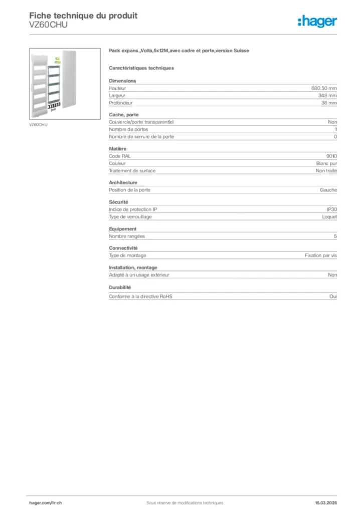 Image Hager Fiche technique du produit VZ60CHU | Hager Suisse
