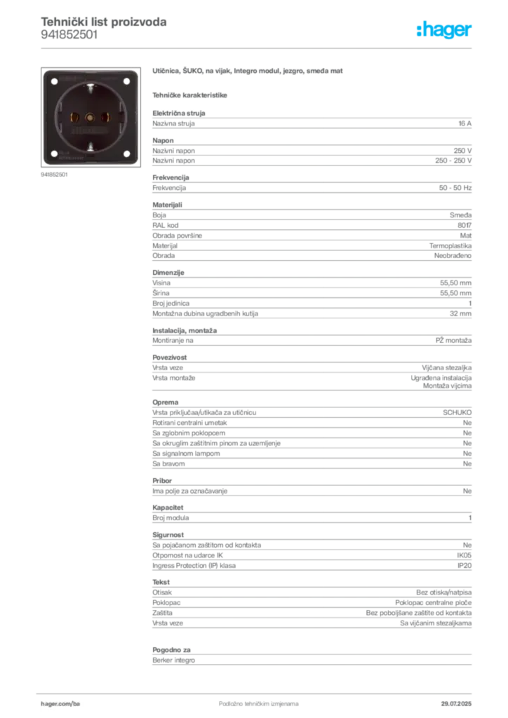 Slika Hager Product data sheet 941852501  | Hager