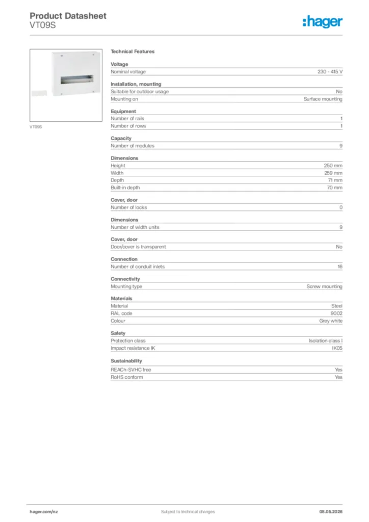 Image Hager Product data sheet VT09S  | Hager New Zealand