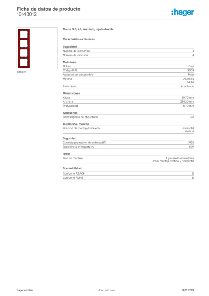 Imagen Hager Ficha de datos de producto 10143012 | Hager España