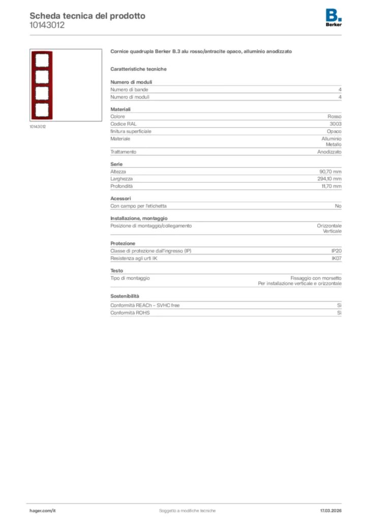 Immagine Berker Scheda tecnica del prodotto 10143012 | Hager Italia
