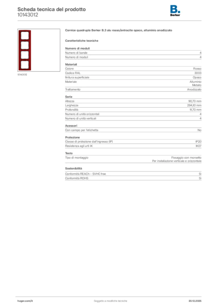 Immagine Berker Scheda tecnica del prodotto 10143012 | Hager Italia