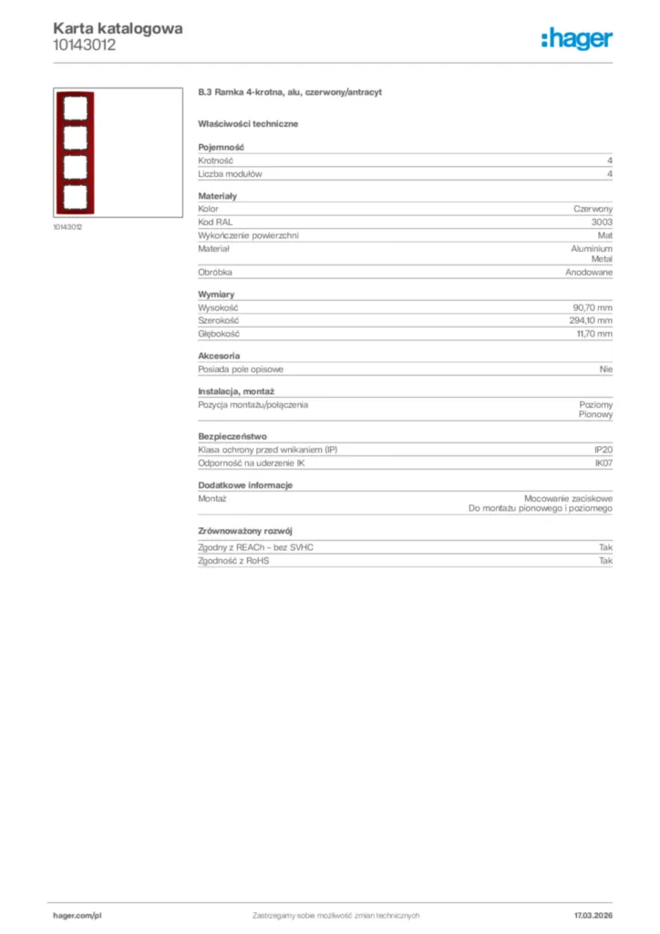 Zdjęcie Hager Karta katalogowa 10143012 | Hager Polska