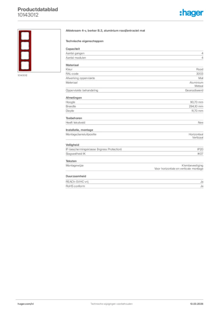 Afbeelding Hager Productdatablad 10143012 | Hager Nederland