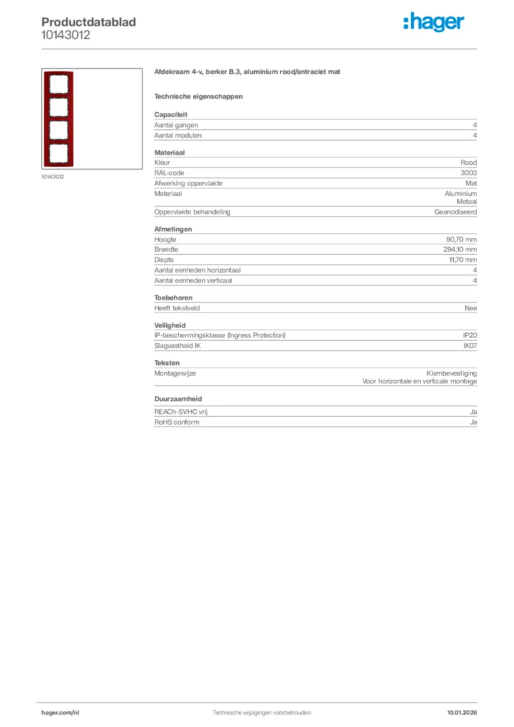 Afbeelding Hager Productdatablad 10143012 | Hager Nederland