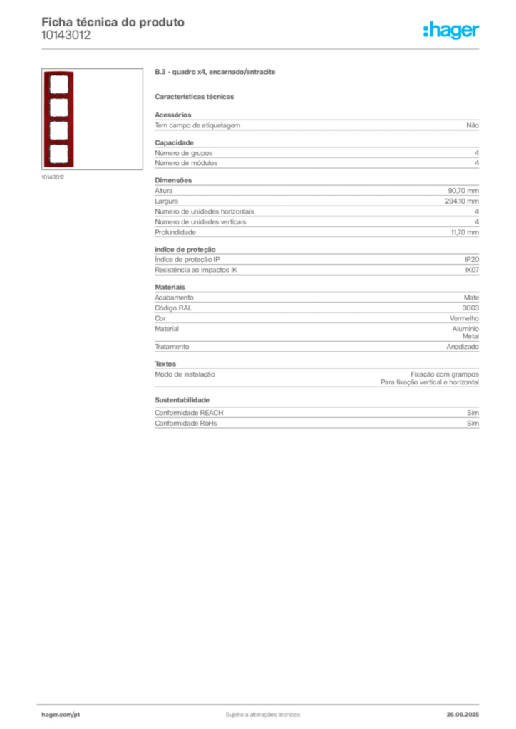Imagem Hager Ficha técnica do produto 10143012 | Hager Portugal