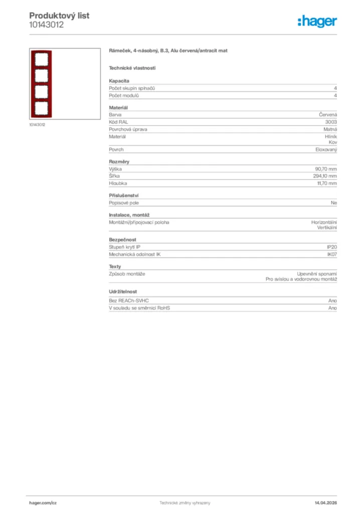 Obrázek Hager Product data sheet 10143012 | Hager