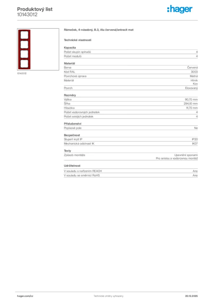 Obrázek Hager Produktový list 10143012 | Hager