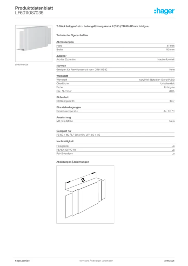 Bild Hager Produktdatenblatt LF6011087035 | Hager Deutschland