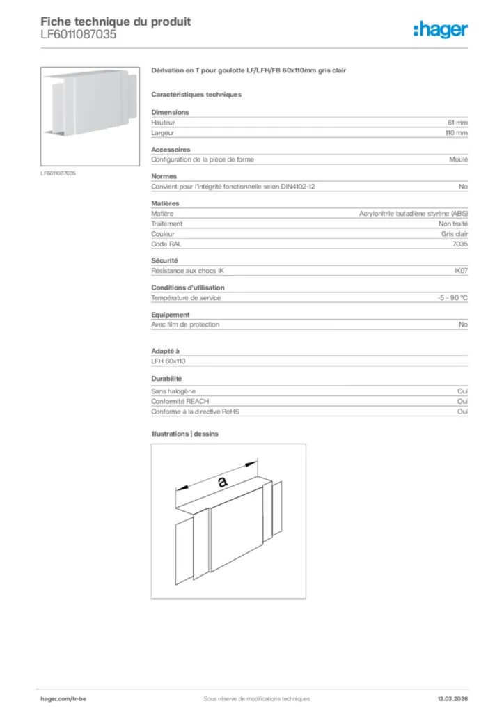 Image Hager Fiche technique du produit LF6011087035 | Hager Belgique
