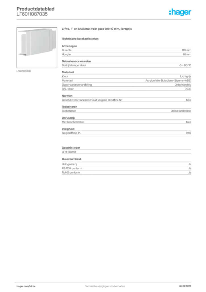 Afbeelding Hager Productdatablad LF6011087035 | Hager Belgium