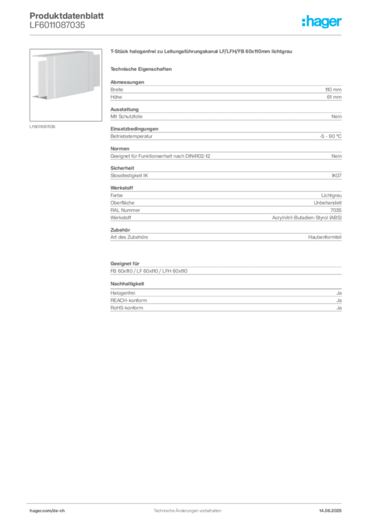 Bild Hager Produktdatenblatt LF6011087035 | Hager Schweiz