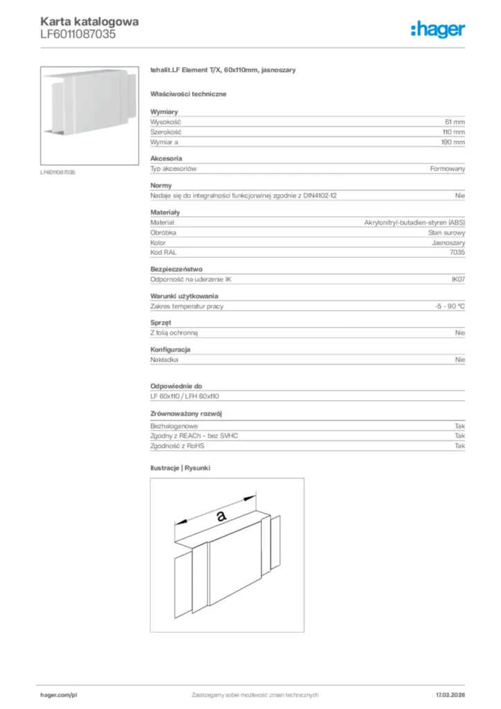 Zdjęcie Hager Karta katalogowa LF6011087035 | Hager Polska