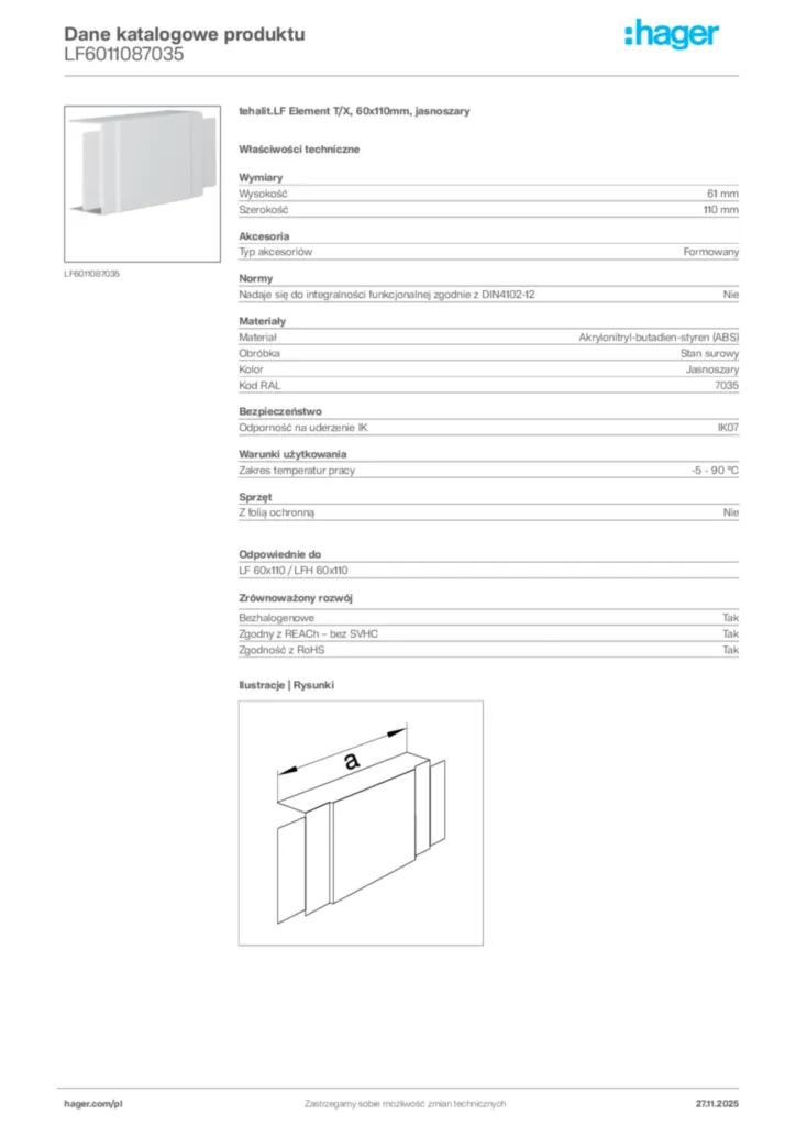 Zdjęcie Hager Karta katalogowa LF6011087035 | Hager Polska