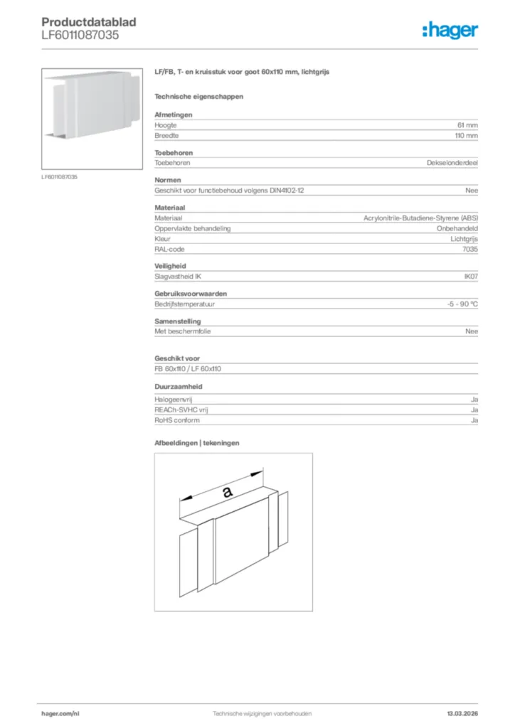 Afbeelding Hager Productdatablad LF6011087035 | Hager Nederland