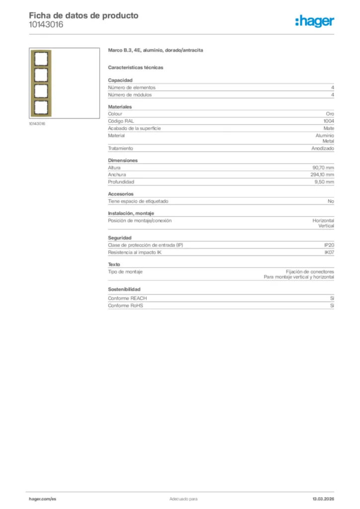 Imagen Hager Ficha de datos de producto 10143016 | Hager España