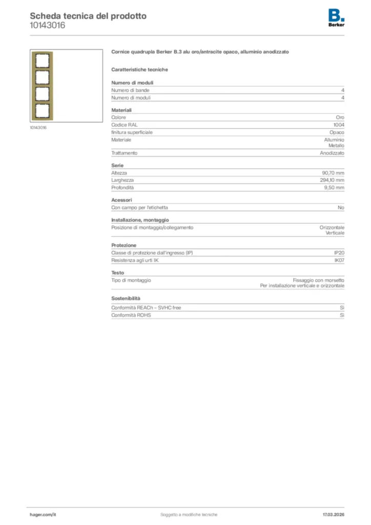 Immagine Berker Scheda tecnica del prodotto 10143016 | Hager Italia