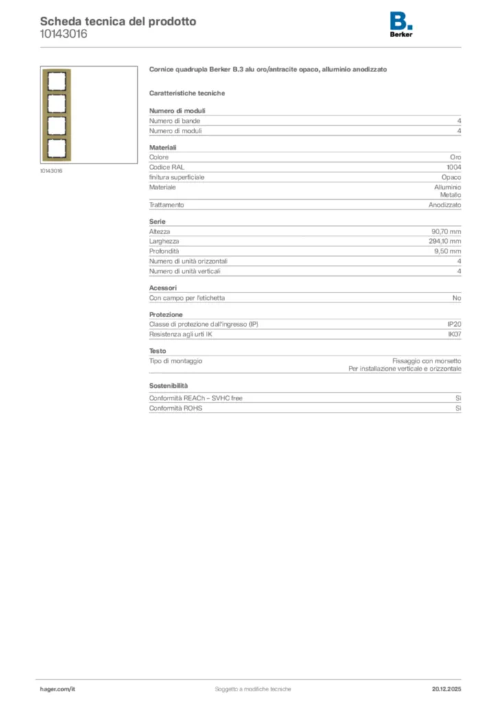 Immagine Berker Scheda tecnica del prodotto 10143016 | Hager Italia