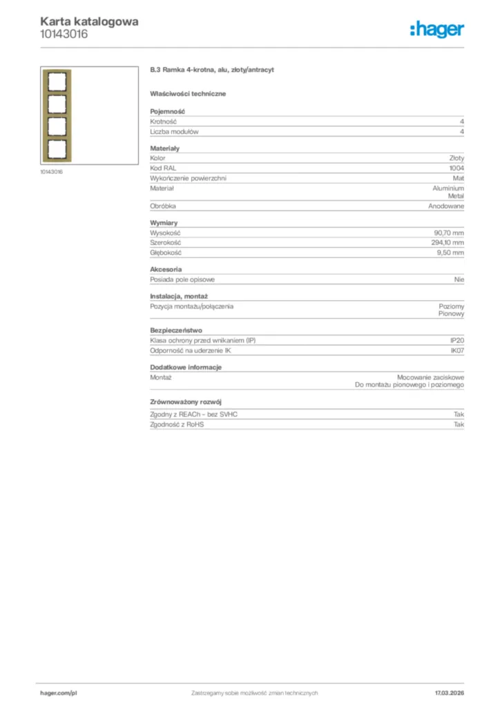 Zdjęcie Hager Karta katalogowa 10143016 | Hager Polska