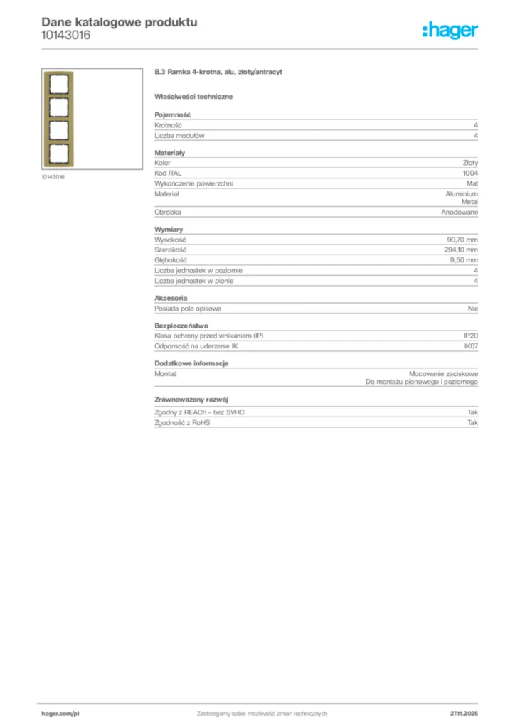 Zdjęcie Hager Karta katalogowa 10143016 | Hager Polska