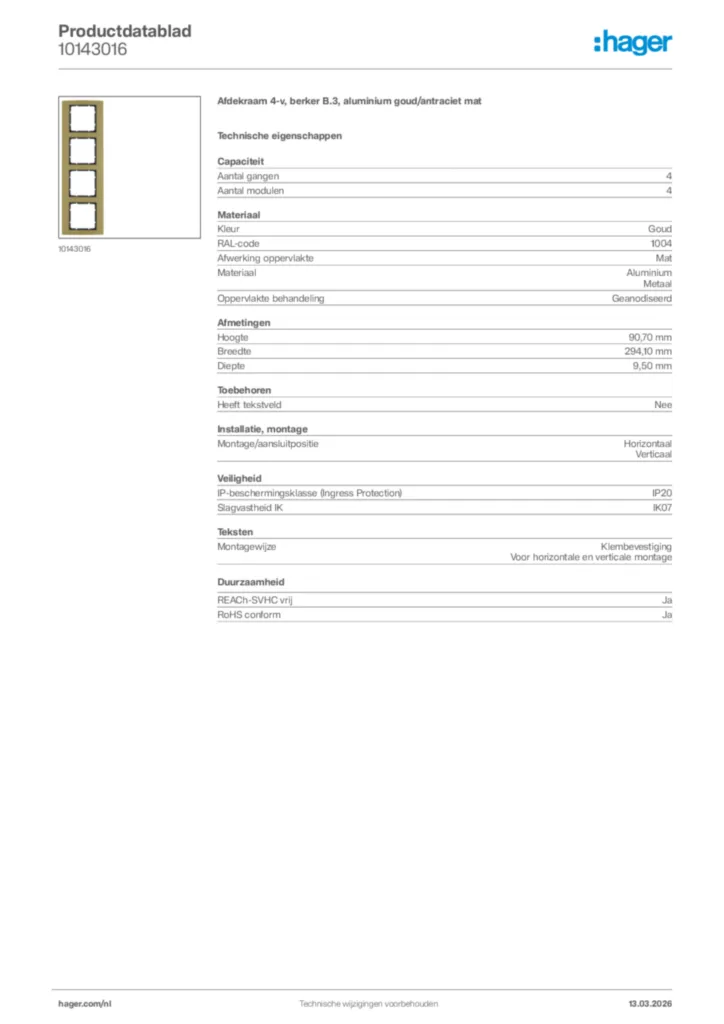 Afbeelding Hager Productdatablad 10143016 | Hager Nederland