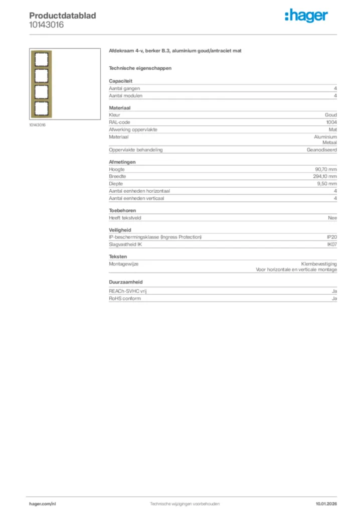 Afbeelding Hager Productdatablad 10143016 | Hager Nederland