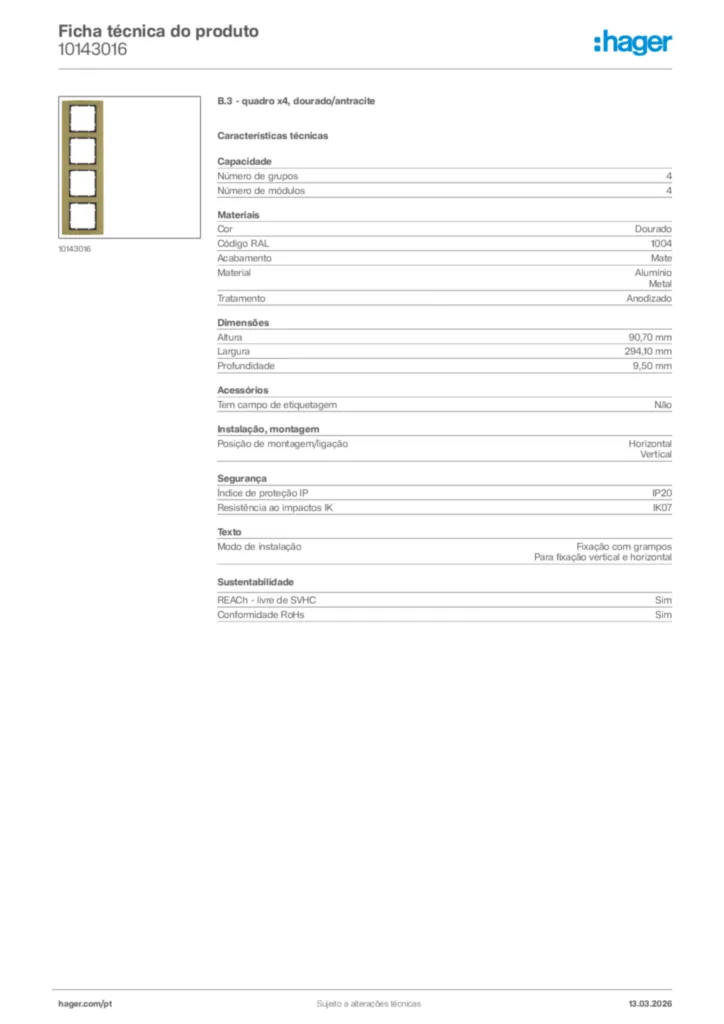 Imagem Hager Ficha técnica do produto 10143016 | Hager Portugal