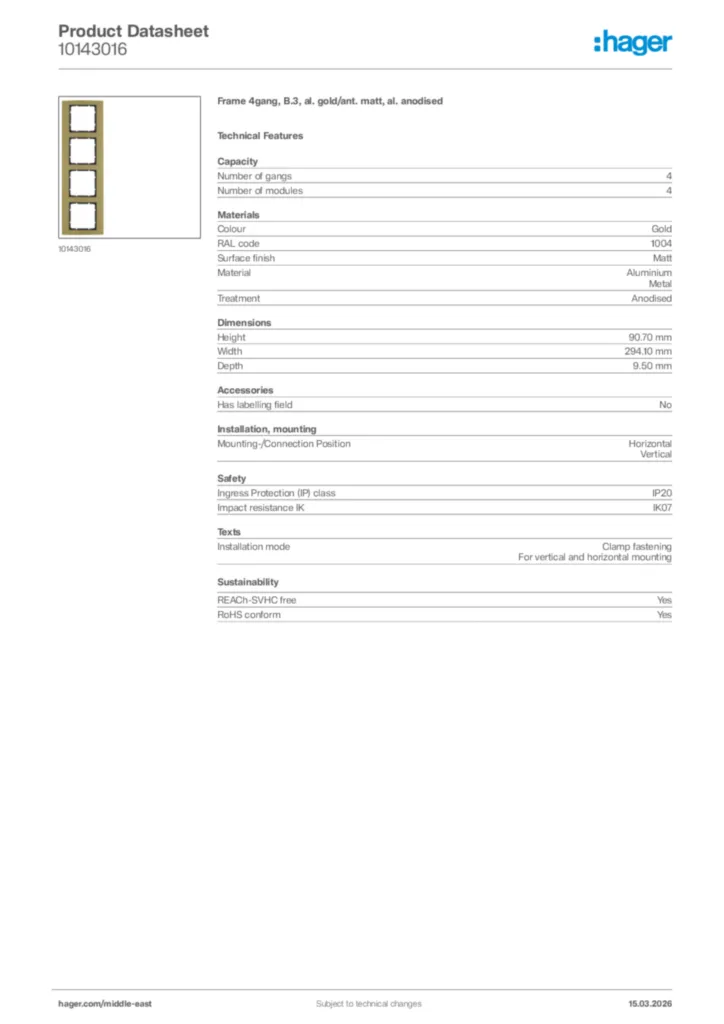 Image Hager Product data sheet 10143016  | Hager