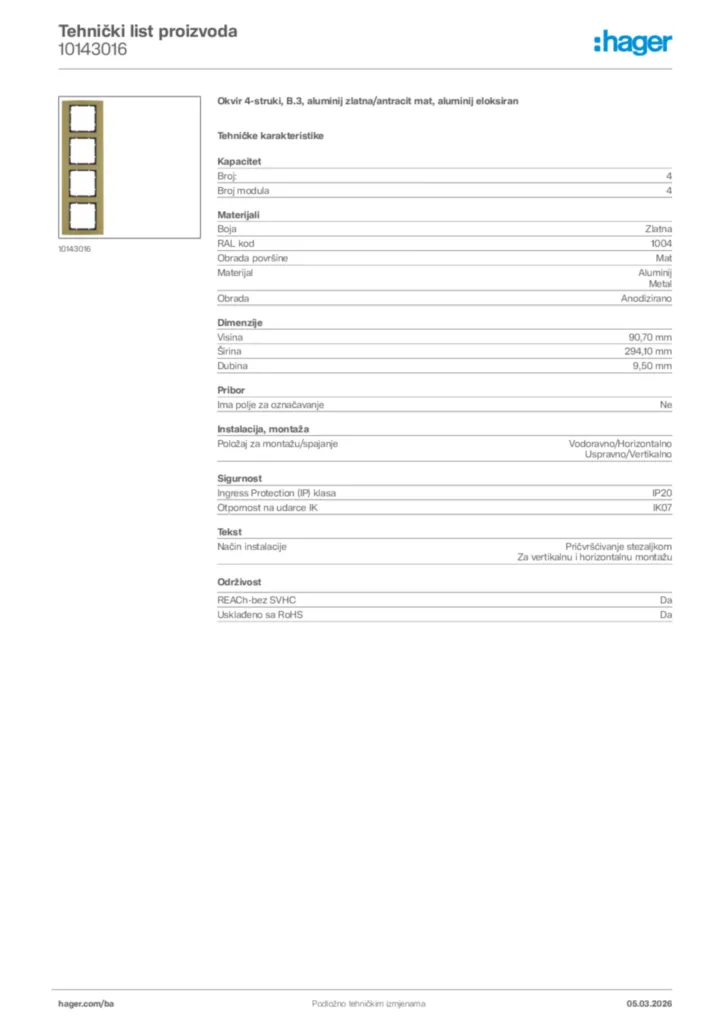 Slika Hager Tehnički list proizvoda 10143016  | Hager
